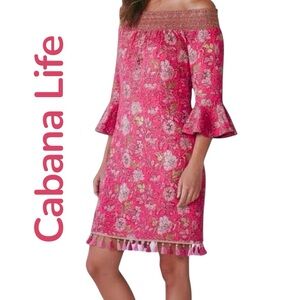 Cabana Life Dress UP F50+ Pink Gold Smock Off The Shoulder Bottom/Tassels Sz S